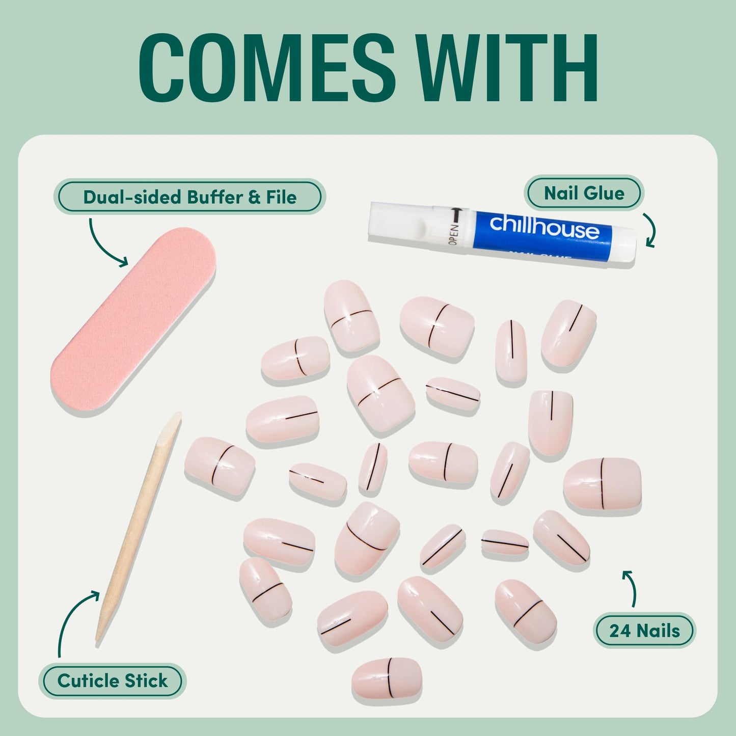 Chillhouse Chill Tips Signatures Press On Nails Kit, Going to the Barre - 24 Nail Shapes & Sizes, Dual-Sided Buffer & File, Cuticle Stick & Glue - Long-Lasting Nail Art Manicures