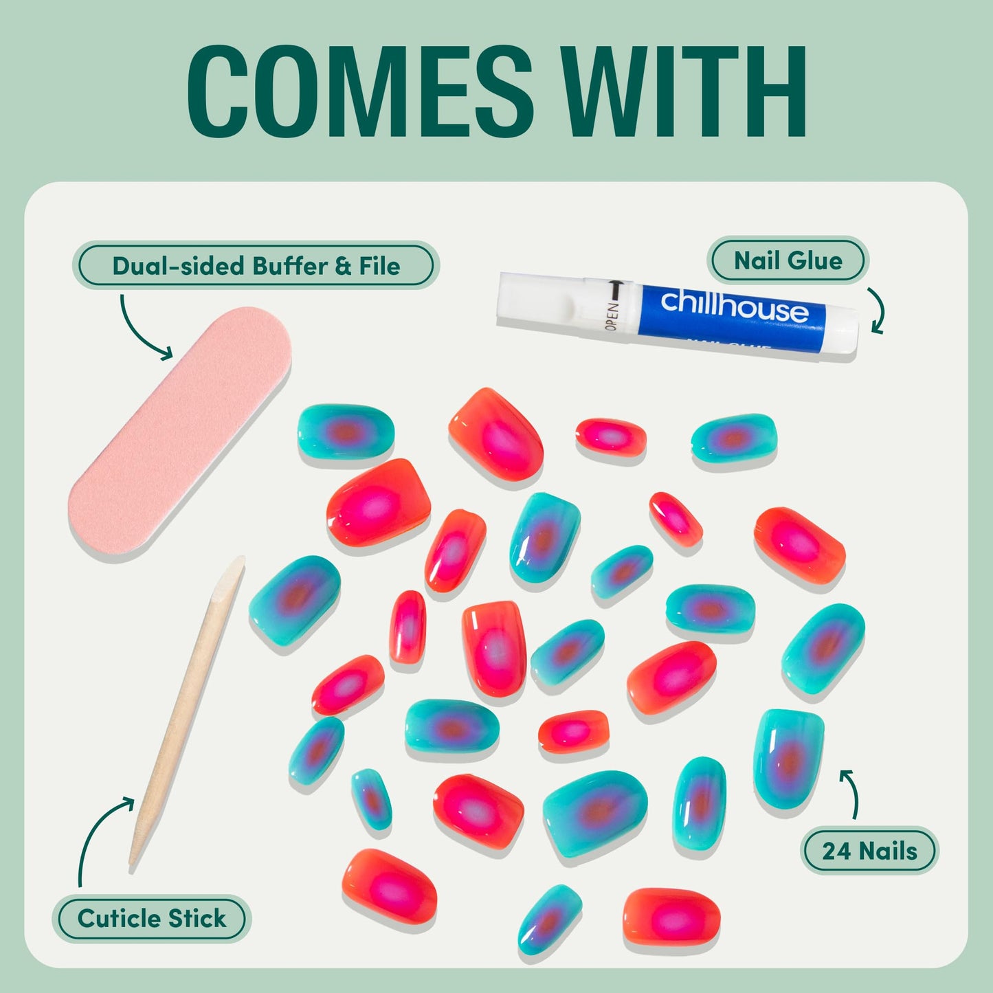 Chillhouse Chill Tips Signatures Press On Nails Kit, Going to the Barre - 24 Nail Shapes & Sizes, Dual-Sided Buffer & File, Cuticle Stick & Glue - Long-Lasting Nail Art Manicures