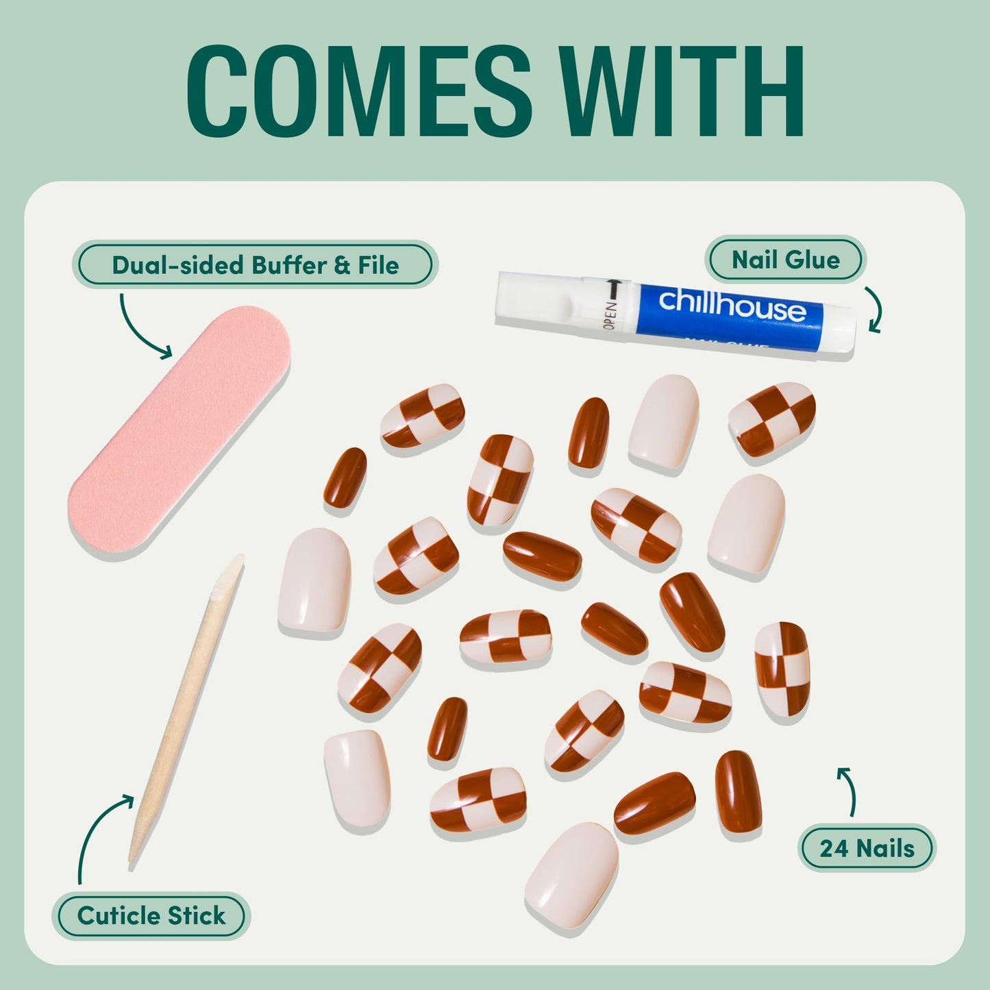 Chillhouse Chill Tips Signatures Press On Nails Kit, Going to the Barre - 24 Nail Shapes & Sizes, Dual-Sided Buffer & File, Cuticle Stick & Glue - Long-Lasting Nail Art Manicures