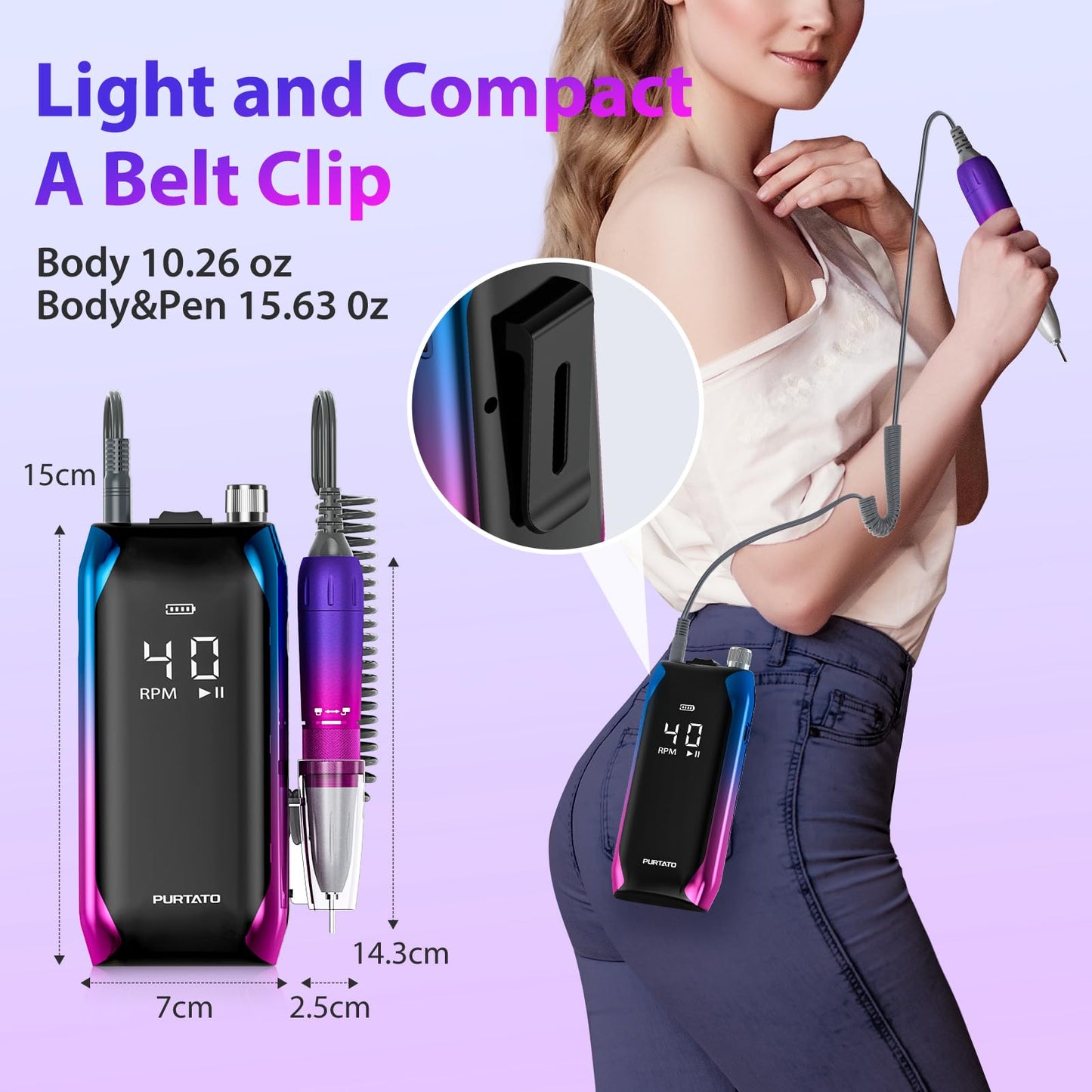 Professional Nail Drill 40,000 RPM, Rechargeable,LCD Display E File Machine for Acrylic Nails Gel Polishing Removing Portable Nails Efile Tools for Manicure Salon & Home (Pink)