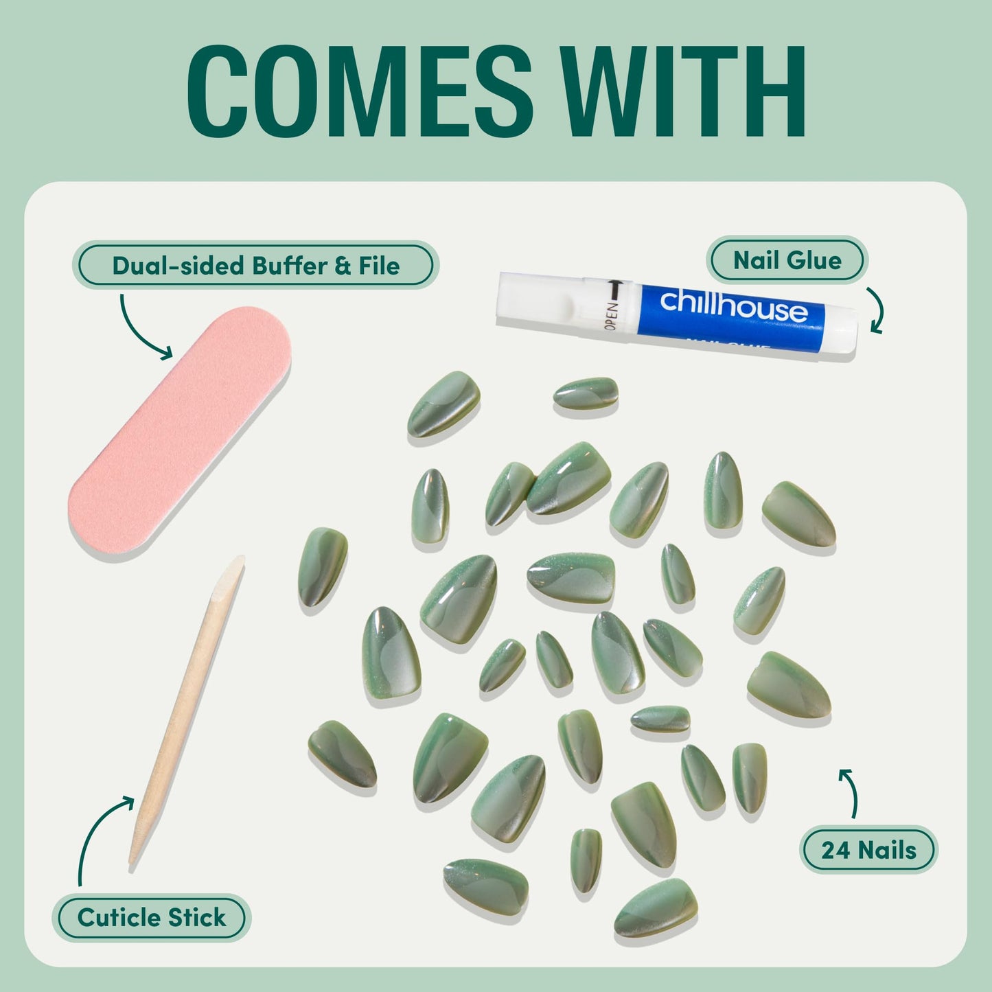 Chillhouse Chill Tips Signatures Press On Nails Kit, Going to the Barre - 24 Nail Shapes & Sizes, Dual-Sided Buffer & File, Cuticle Stick & Glue - Long-Lasting Nail Art Manicures