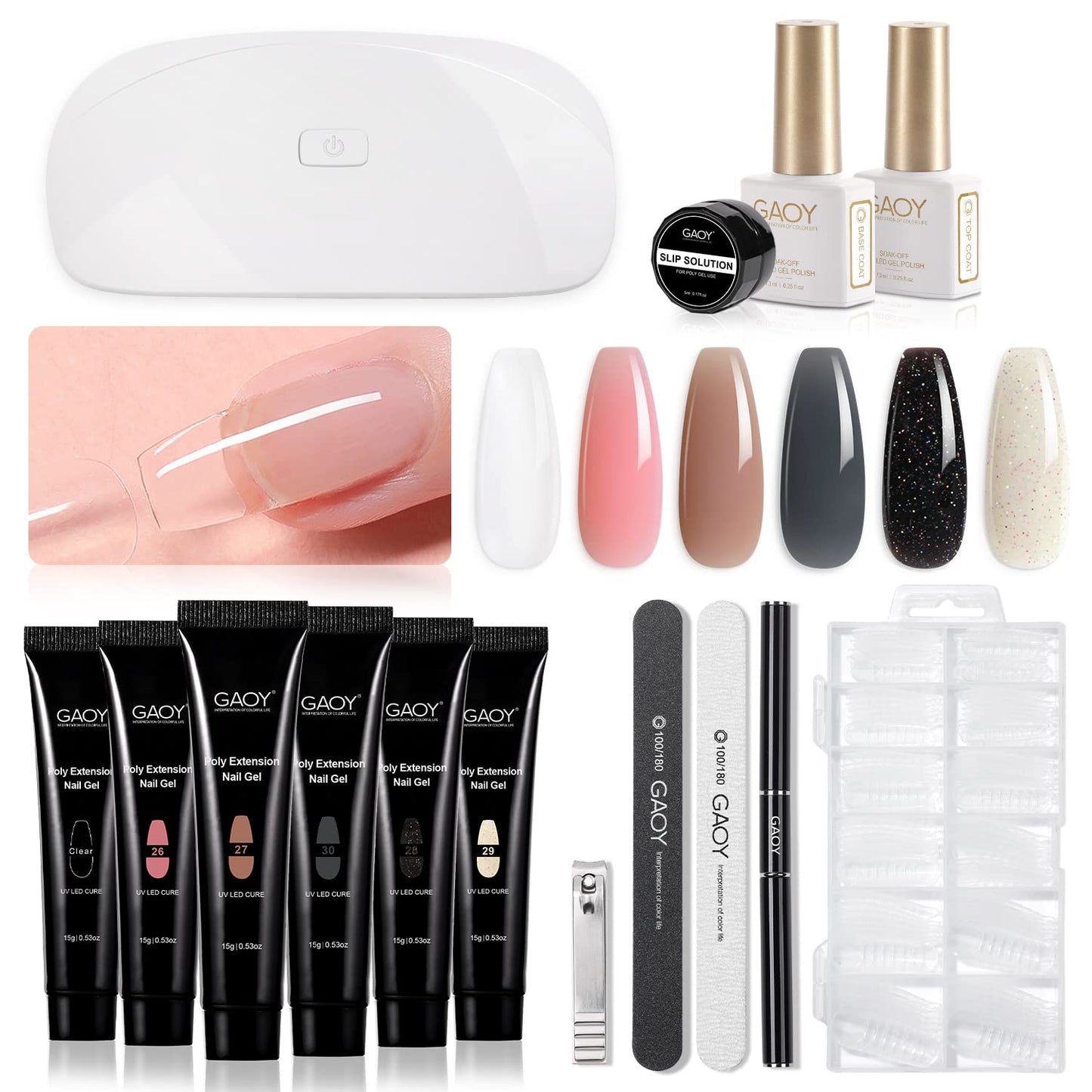 GAOY Poly Gel Nail Kit with U V Light Starter Kit, 6 Pcs Builder Gel Nail Extension Kit for Beginners with Everything Nail Art DIY