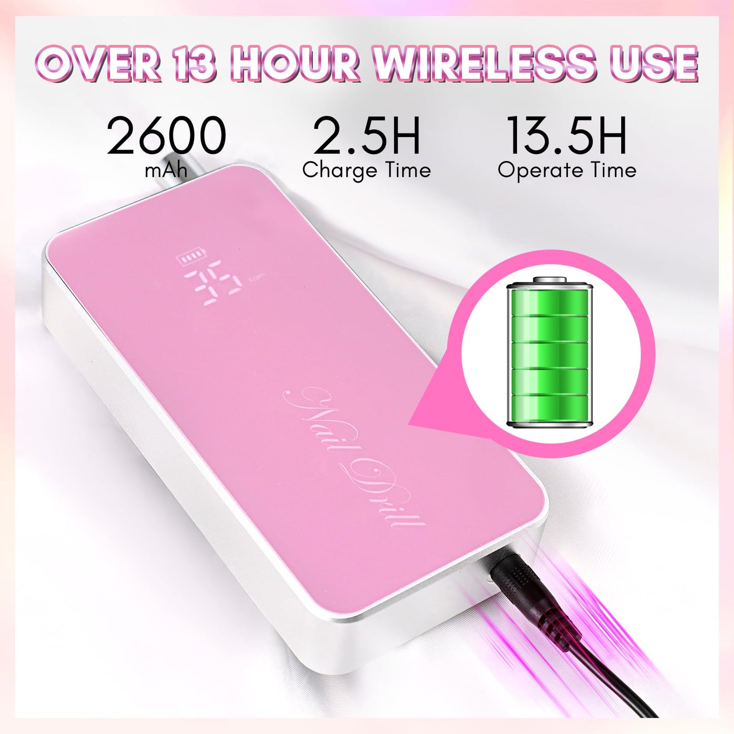 Makartt Professional Nail Drill, Nouvella 35000RPM Electric Nail Filer Machine With Coreless Motor for Acrylic Gel Nail，Rechargeable Efile With Nail Drill Bit Set, Manicure Salon Home DIY Use, Pink