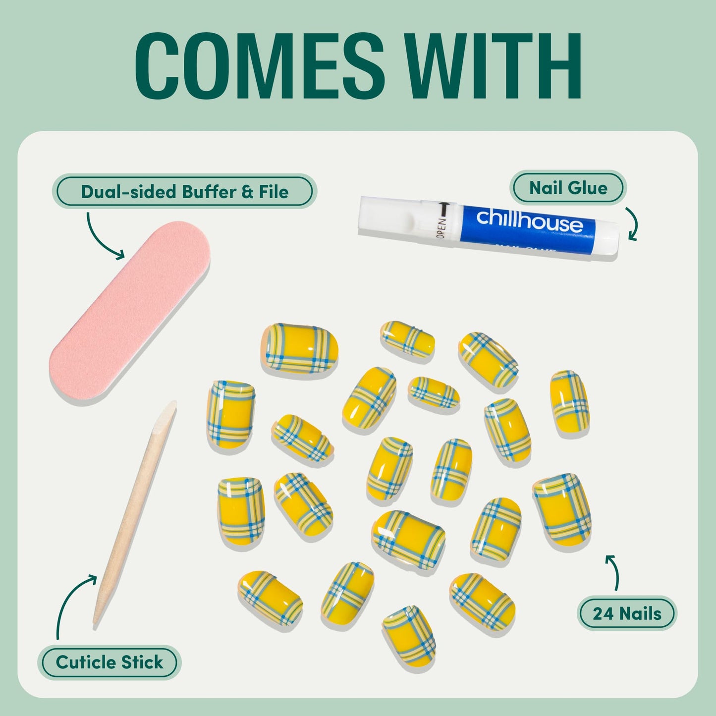 Chillhouse Chill Tips Signatures Press On Nails Kit, Going to the Barre - 24 Nail Shapes & Sizes, Dual-Sided Buffer & File, Cuticle Stick & Glue - Long-Lasting Nail Art Manicures