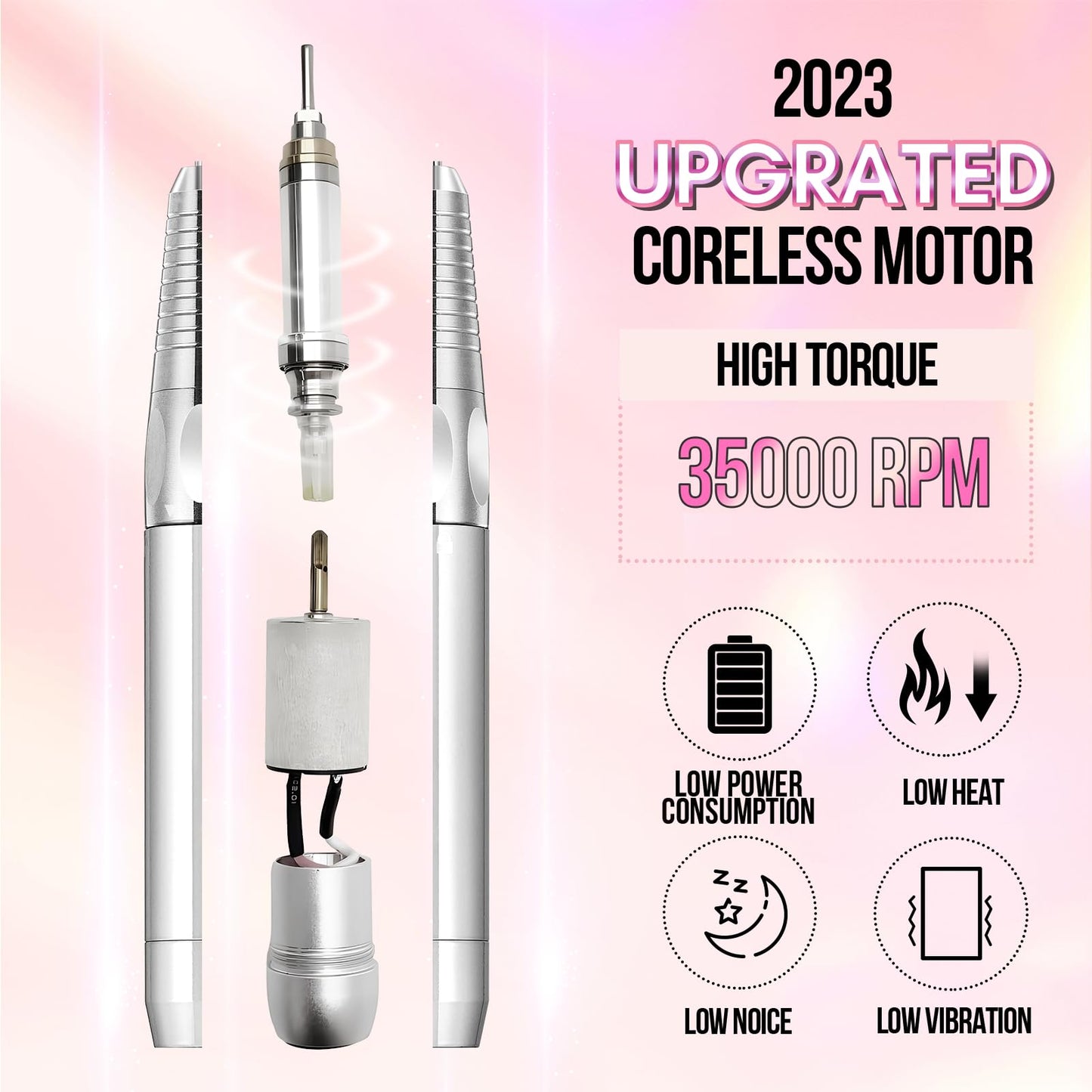 Makartt Professional Nail Drill, Nouvella 35000RPM Electric Nail Filer Machine With Coreless Motor for Acrylic Gel Nail，Rechargeable Efile With Nail Drill Bit Set, Manicure Salon Home DIY Use, Pink