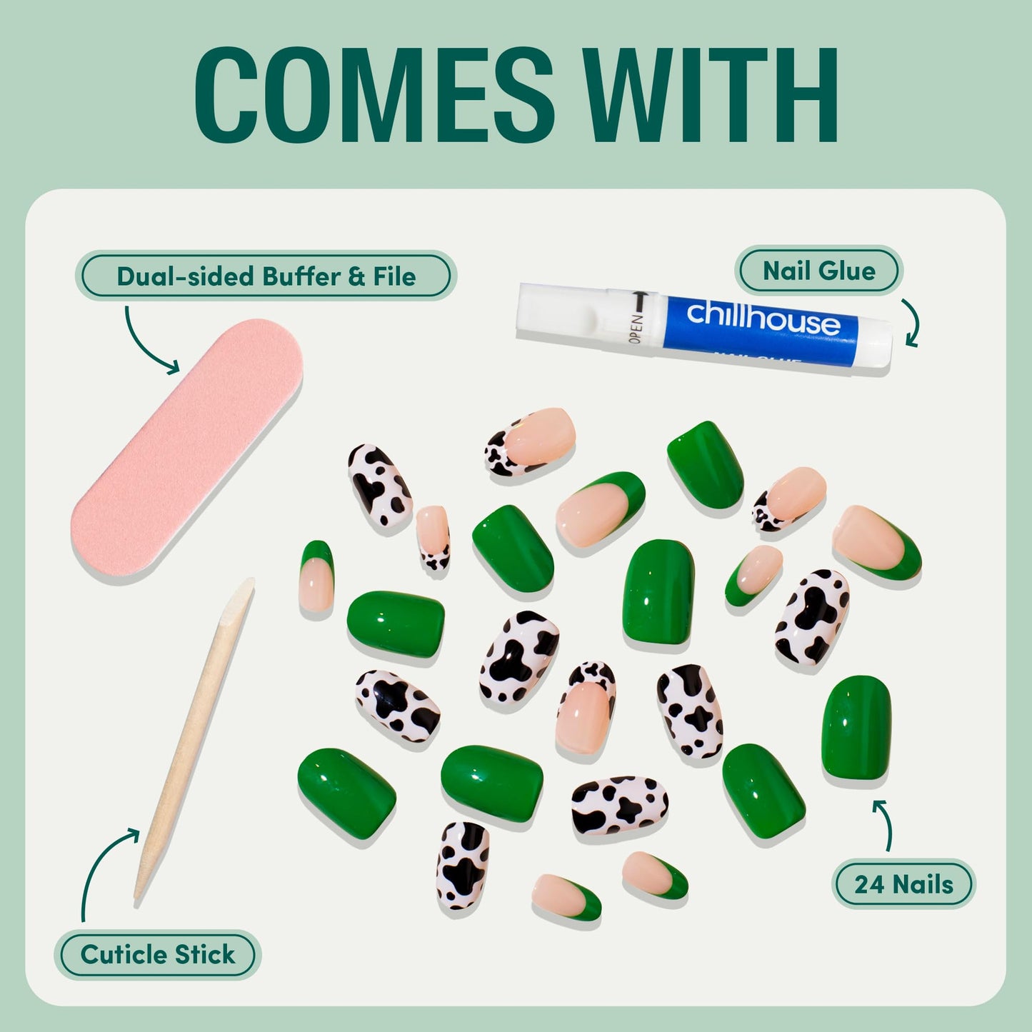 Chillhouse Chill Tips Signatures Press On Nails Kit, Going to the Barre - 24 Nail Shapes & Sizes, Dual-Sided Buffer & File, Cuticle Stick & Glue - Long-Lasting Nail Art Manicures