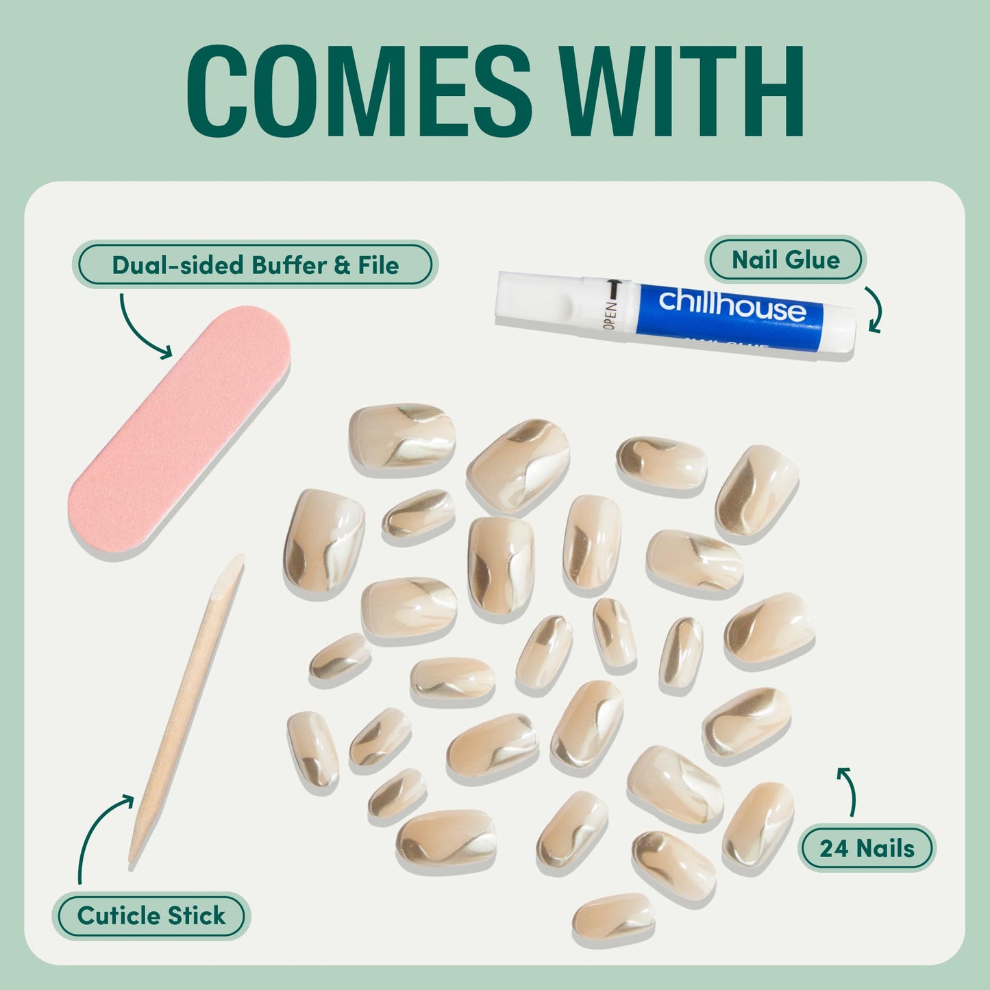 Chillhouse Chill Tips Signatures Press On Nails Kit, Going to the Barre - 24 Nail Shapes & Sizes, Dual-Sided Buffer & File, Cuticle Stick & Glue - Long-Lasting Nail Art Manicures