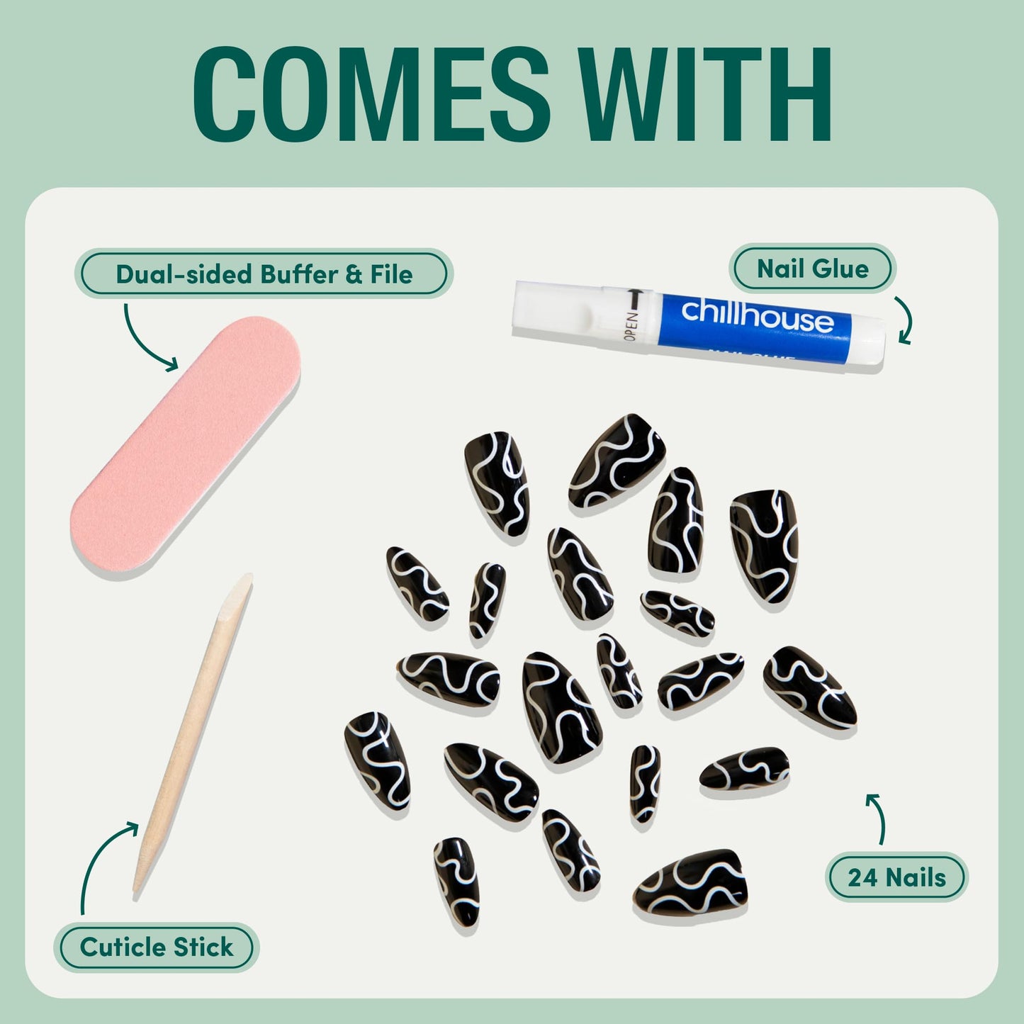 Chillhouse Chill Tips Signatures Press On Nails Kit, Going to the Barre - 24 Nail Shapes & Sizes, Dual-Sided Buffer & File, Cuticle Stick & Glue - Long-Lasting Nail Art Manicures