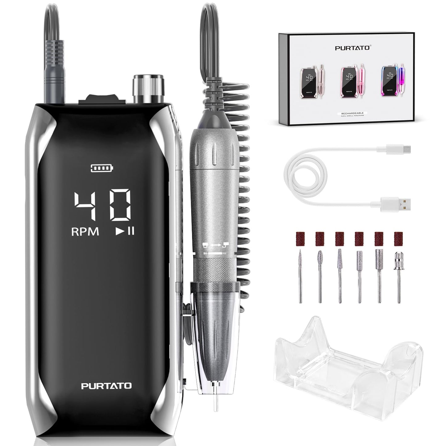 Professional Nail Drill 40,000 RPM, Rechargeable,LCD Display E File Machine for Acrylic Nails Gel Polishing Removing Portable Nails Efile Tools for Manicure Salon & Home (Pink)