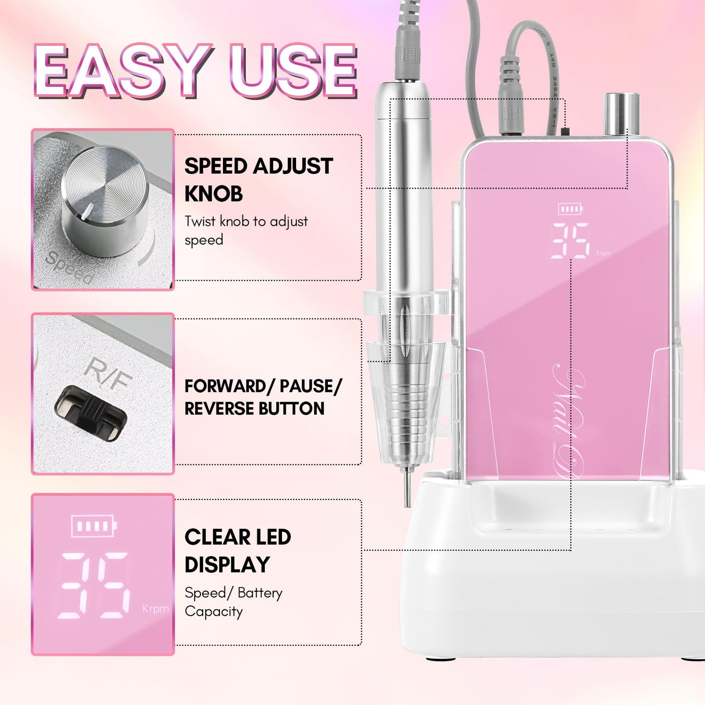 Makartt Professional Nail Drill, Nouvella 35000RPM Electric Nail Filer Machine With Coreless Motor for Acrylic Gel Nail，Rechargeable Efile With Nail Drill Bit Set, Manicure Salon Home DIY Use, Pink
