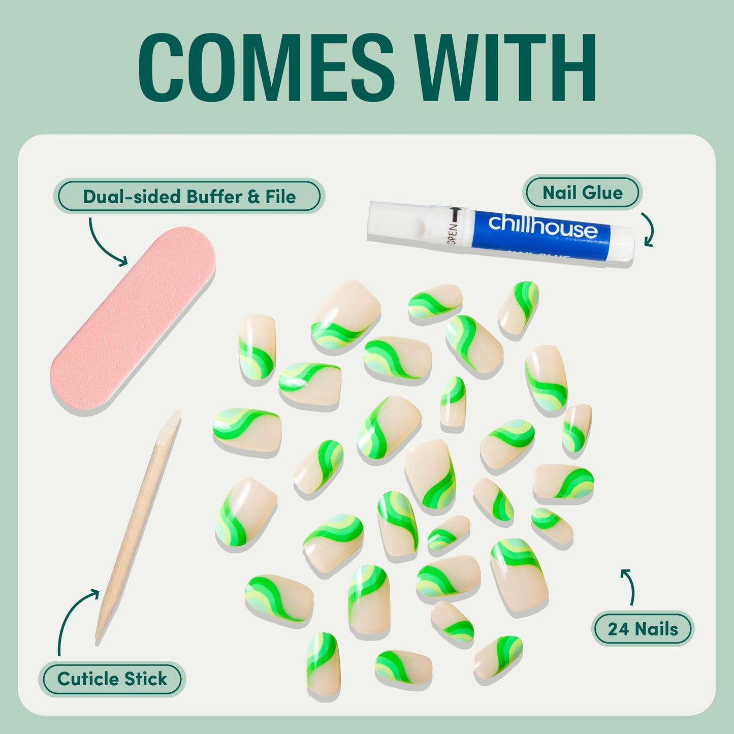 Chillhouse Chill Tips Signatures Press On Nails Kit, Going to the Barre - 24 Nail Shapes & Sizes, Dual-Sided Buffer & File, Cuticle Stick & Glue - Long-Lasting Nail Art Manicures