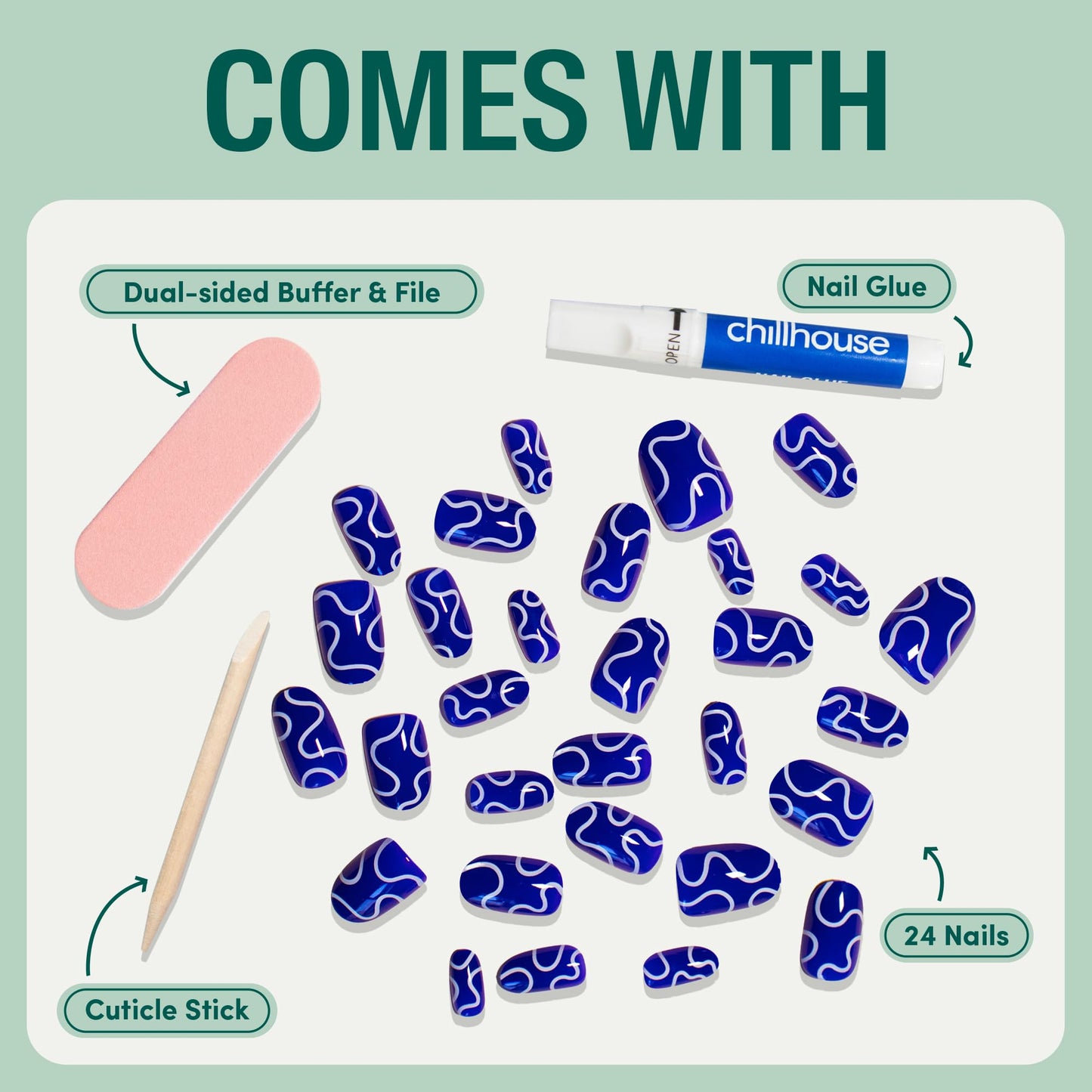 Chillhouse Chill Tips Signatures Press On Nails Kit, Going to the Barre - 24 Nail Shapes & Sizes, Dual-Sided Buffer & File, Cuticle Stick & Glue - Long-Lasting Nail Art Manicures