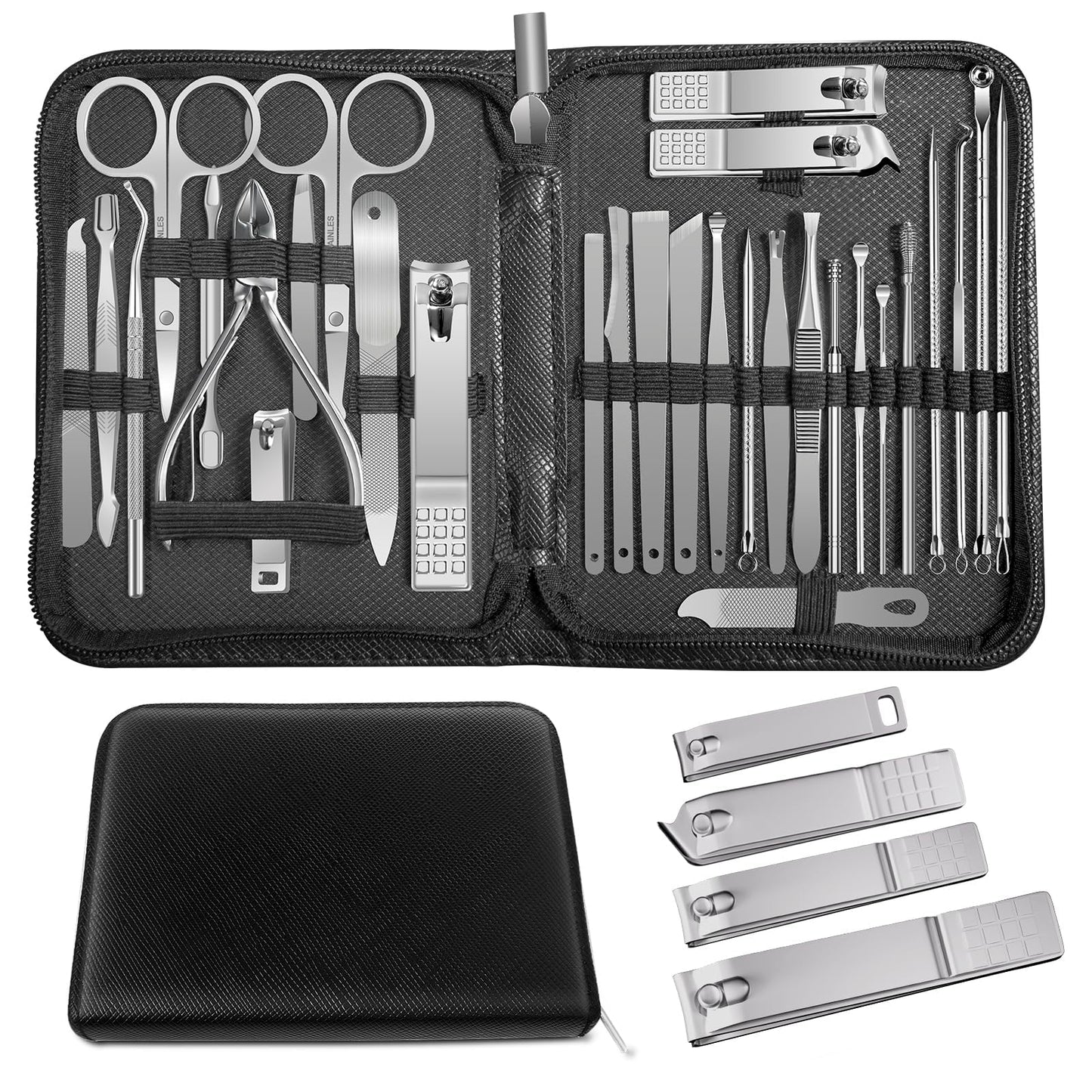 Manicure Set Personal Care Mens Grooming Kit, 30 In 1 Professional Manicure Kit Pedicure Kit, Nail Clippers for Men and Beauty Tool Portable Set, with Luxurious Travel Case (Black)